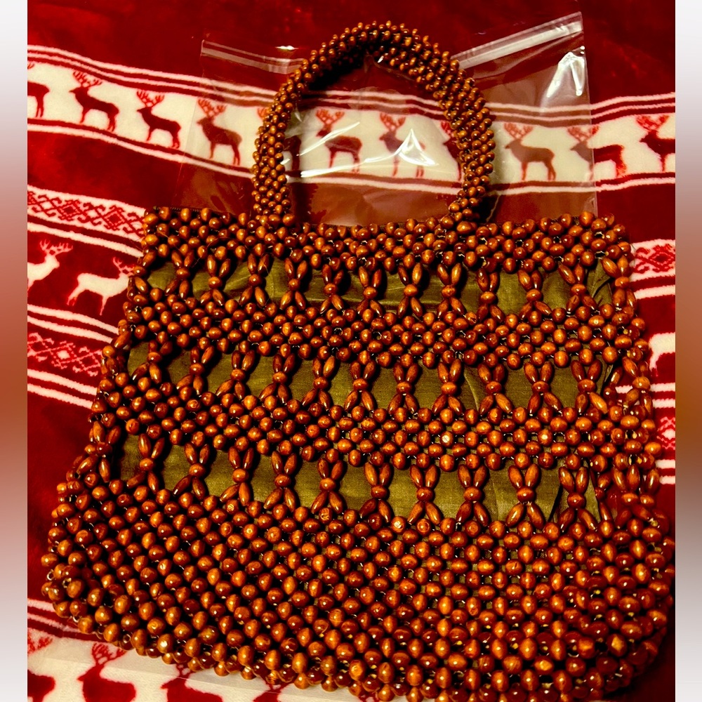 VTG Fully beaded boho Shoulder bag woven tote lined Cotton Brown